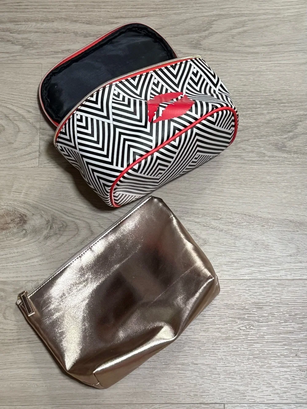 Black & White Geometric Cosmetic Bag with Red Trim